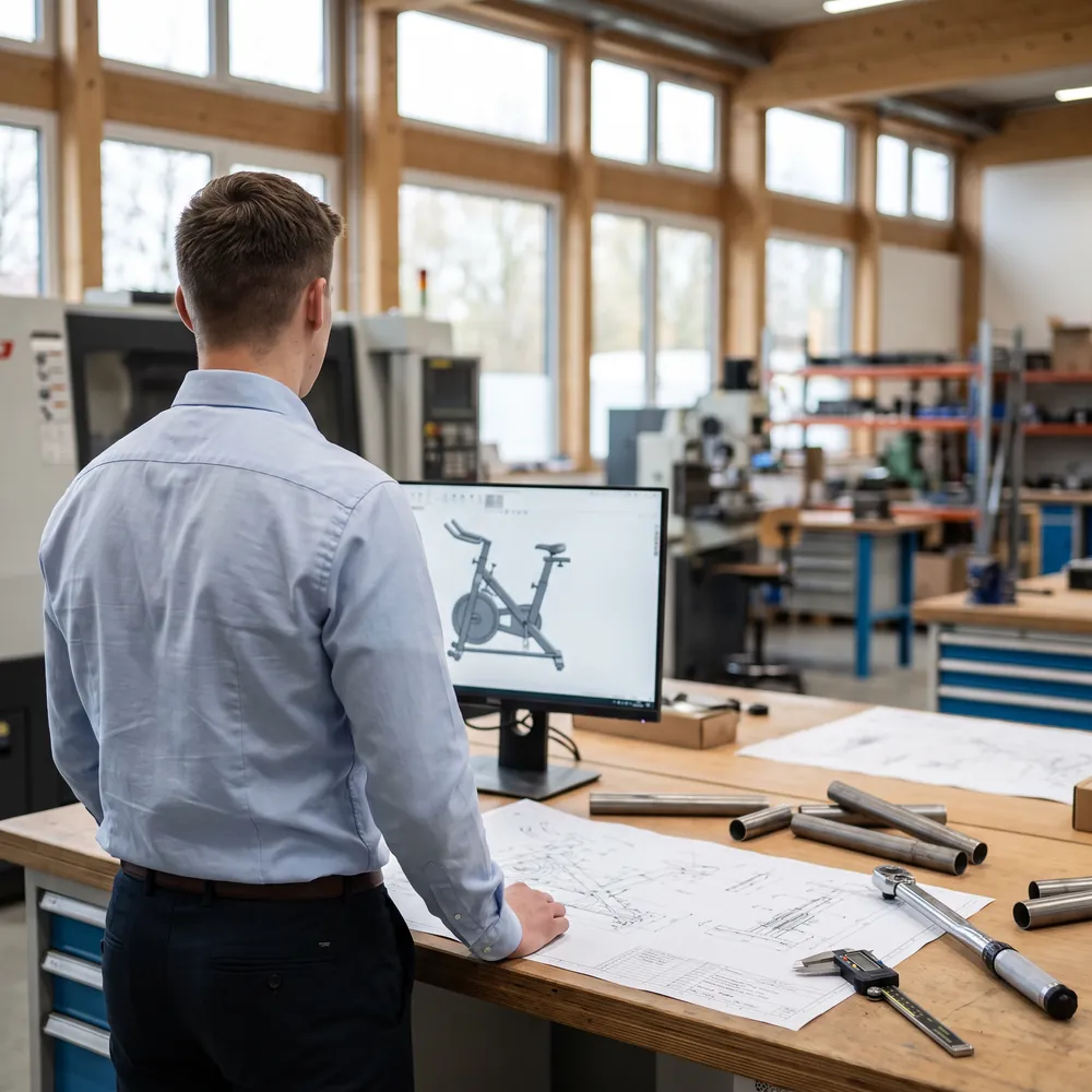 Entwicklungswerkstatt: ein Konstrukteur prüft die technischen Zeichnungen und das CAD-Modell des klappbaren Heimtrainers
